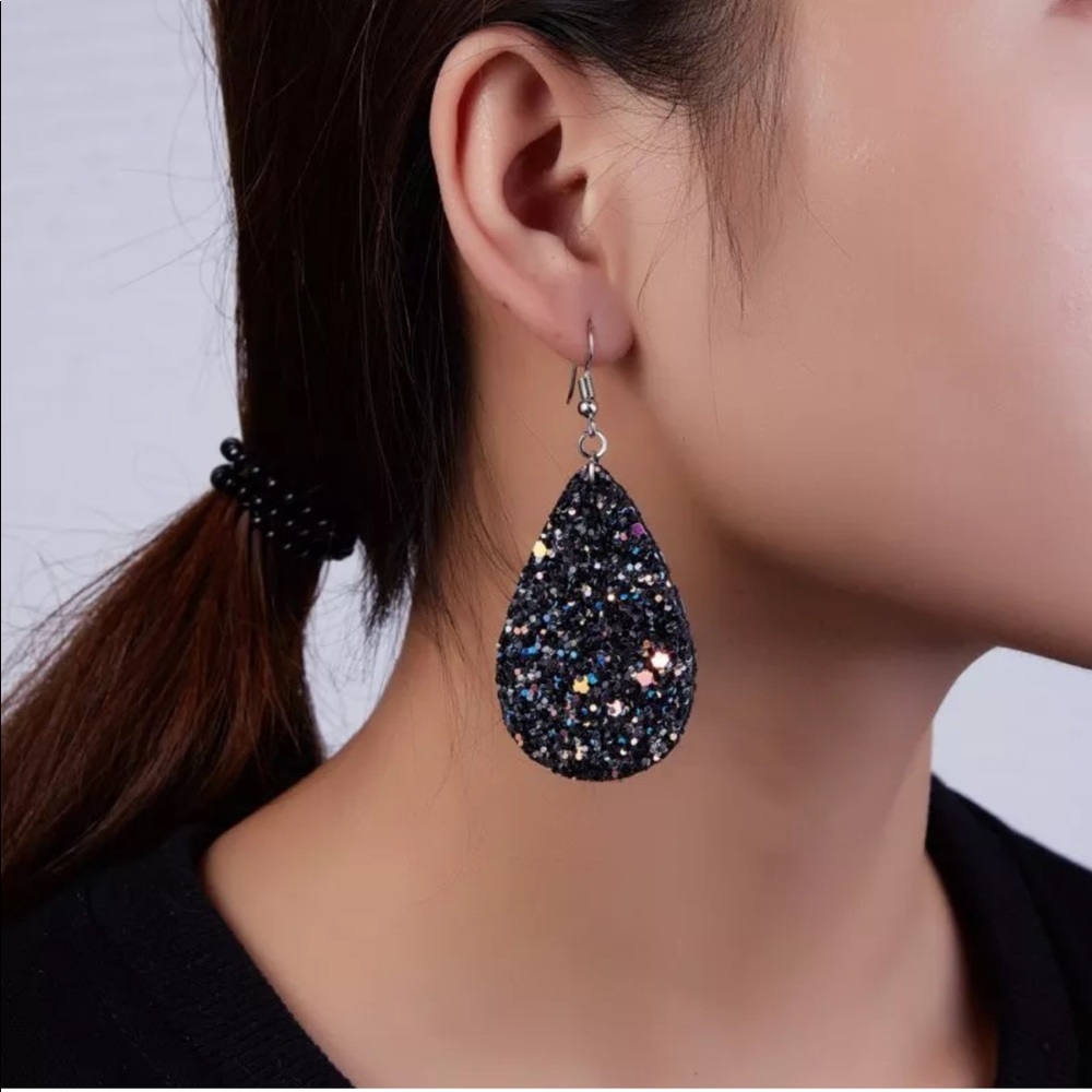 Black Sparkle Teardrop Leather Earrings - Picture 3 of 4